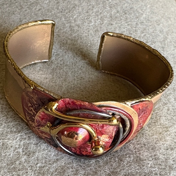 Gold-Tone Cuff Bracelet with Red Enamel Detail - Picture 3 of 4